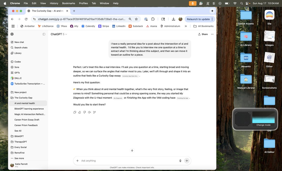 Katie Parrott (@kplikethebird) on Twitter photo My go-to setup now when an idea hits:
<a href="/ChatGPTapp/">ChatGPT</a> project (set up for Working Overtime / Curiosity Gap, depending) +
<a href="/naveennaidu_m/">Naveen Naidu</a>'s Monologue +
The question: Can you interview me about this? (thx for that, <a href="/alxai_/">alex duffy</a>) My go-to setup now when an idea hits:
<a href="/ChatGPTapp/">ChatGPT</a> project (set up for Working Overtime / Curiosity Gap, depending) +
<a href="/naveennaidu_m/">Naveen Naidu</a>'s Monologue +
The question: Can you interview me about this? (thx for that, <a href="/alxai_/">alex duffy</a>)