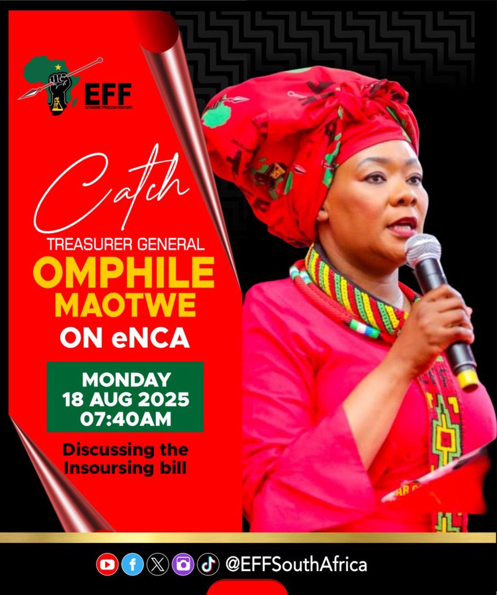 EFFSouthAfrica's tweet image. ♦️Don’t Miss It♦️

Catch EFF Treasurer General, Commissar @OmphileMaotwe, LIVE on eNCA tomorrow morning at 07h40.

She will be speaking on the Insourcing Bill and what it means for South African workers.