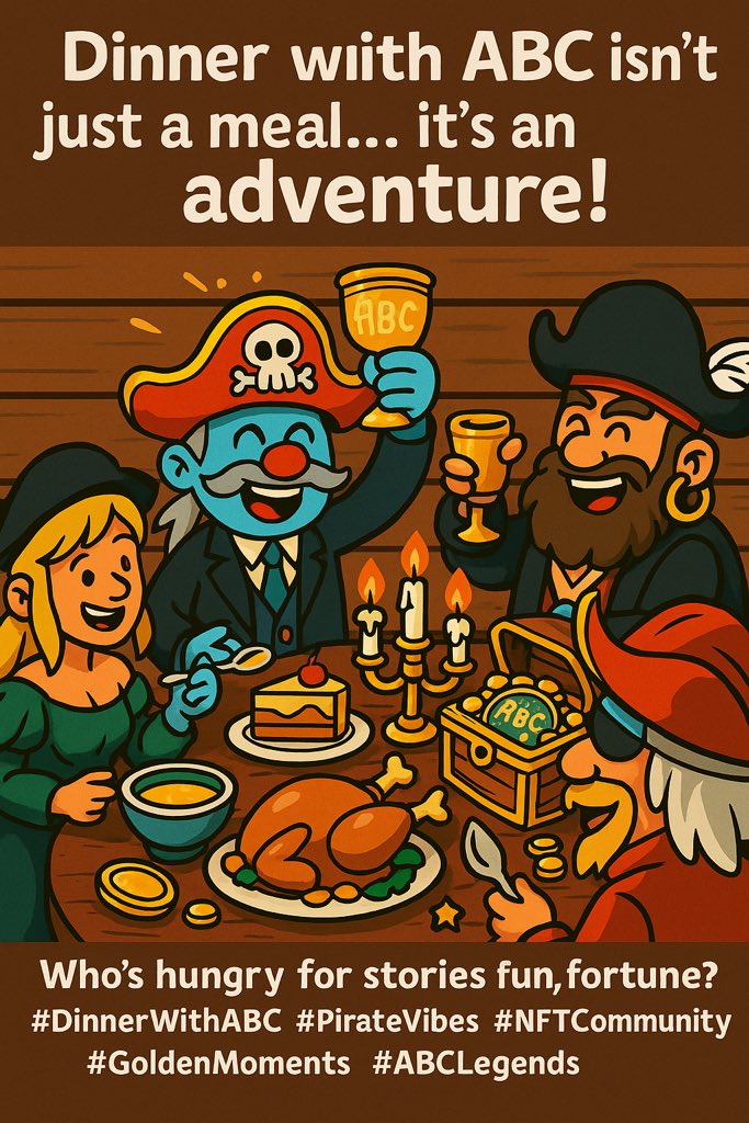 Abc123Community's tweet image. 🍽️✨ Dinner with ABC isn’t just a meal… it’s an adventure!
Imagine pirates raising a toast with golden goblets, treasures on the table, and laughter echoing like waves 🌊⚓️

Tonight’s menu:
A spoon of mystery, a plate of creativity, and a dessert made of pure magic &amp;amp; NFTs. 🍯💎…