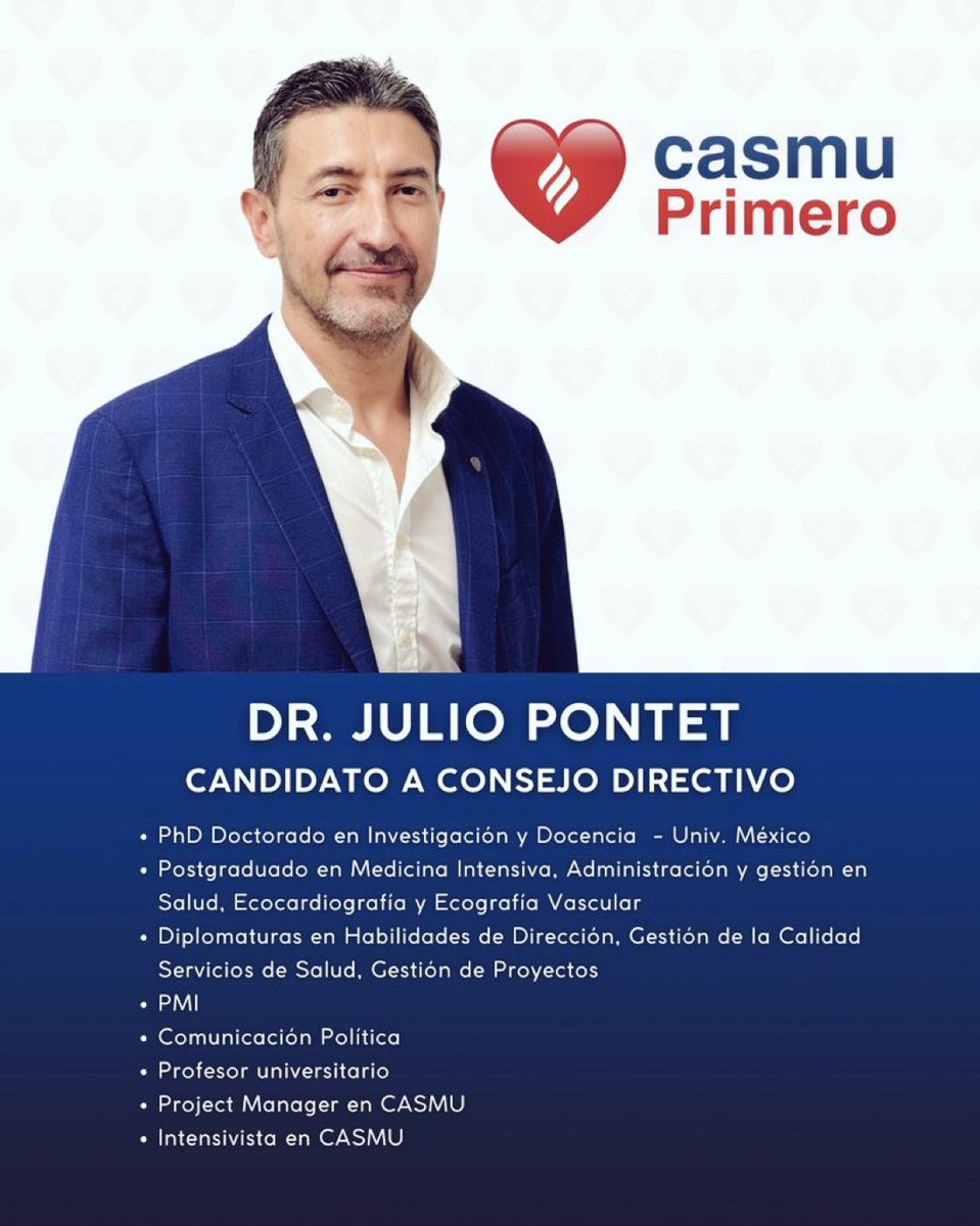 ❤️ Dr. <a href="/JulioPontet/">Julio Pontet Ubal</a>, candidato a Consejo Directivo. 

Este 17 de septiembre, te invitamos a acompañarnos con tu voto.

<a href="/RaulGermanRodri/">Raul German Rodrigue</a> <a href="/andrea_zumar/">Andrea Zumar</a> <a href="/jjareosa/">Juan José Areosa</a> #17Setiembre 

#CasmuPrimero 🏥🗳️