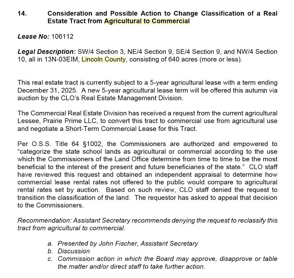 🚨 Tomorrow, Monday August 18th @ 11am, Governor’s Large Conference Room, 2nd Floor at the Capitol 🚨

The Commissioners of Land Office (CLO) will be meeting tomorrow to discuss, among other things, possibly reclassifying 640 acres of CLO land in Lincoln County from Agriculture