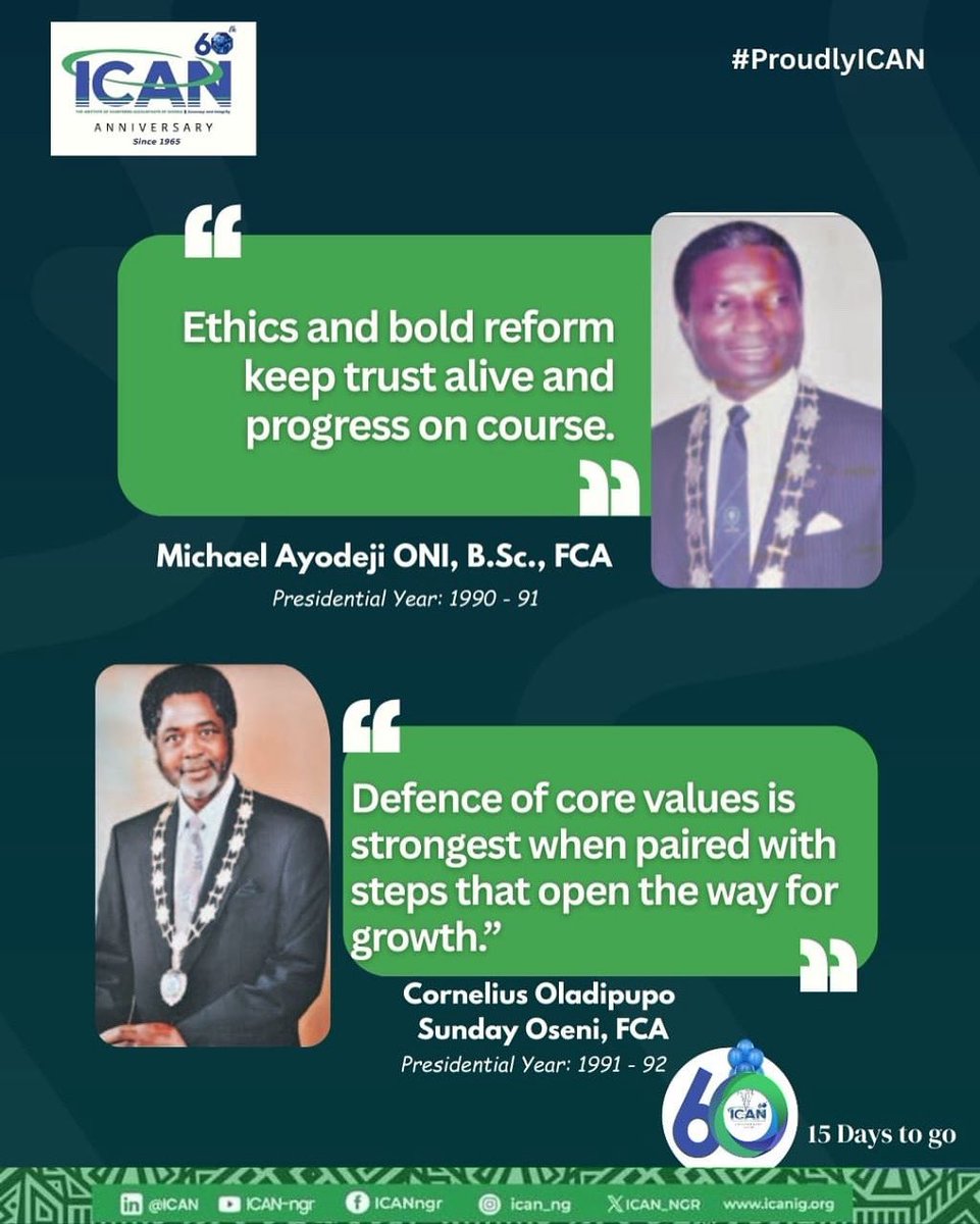 ICAN_NGR's tweet photo. Ethics. Values. Growth.
ICAN leaders set the standard, we carry it forward.

15 days to 60 years of professional excellence! 

#ICANat60 #ProudlyICAN https://t.co/lXqAfYIUdZ