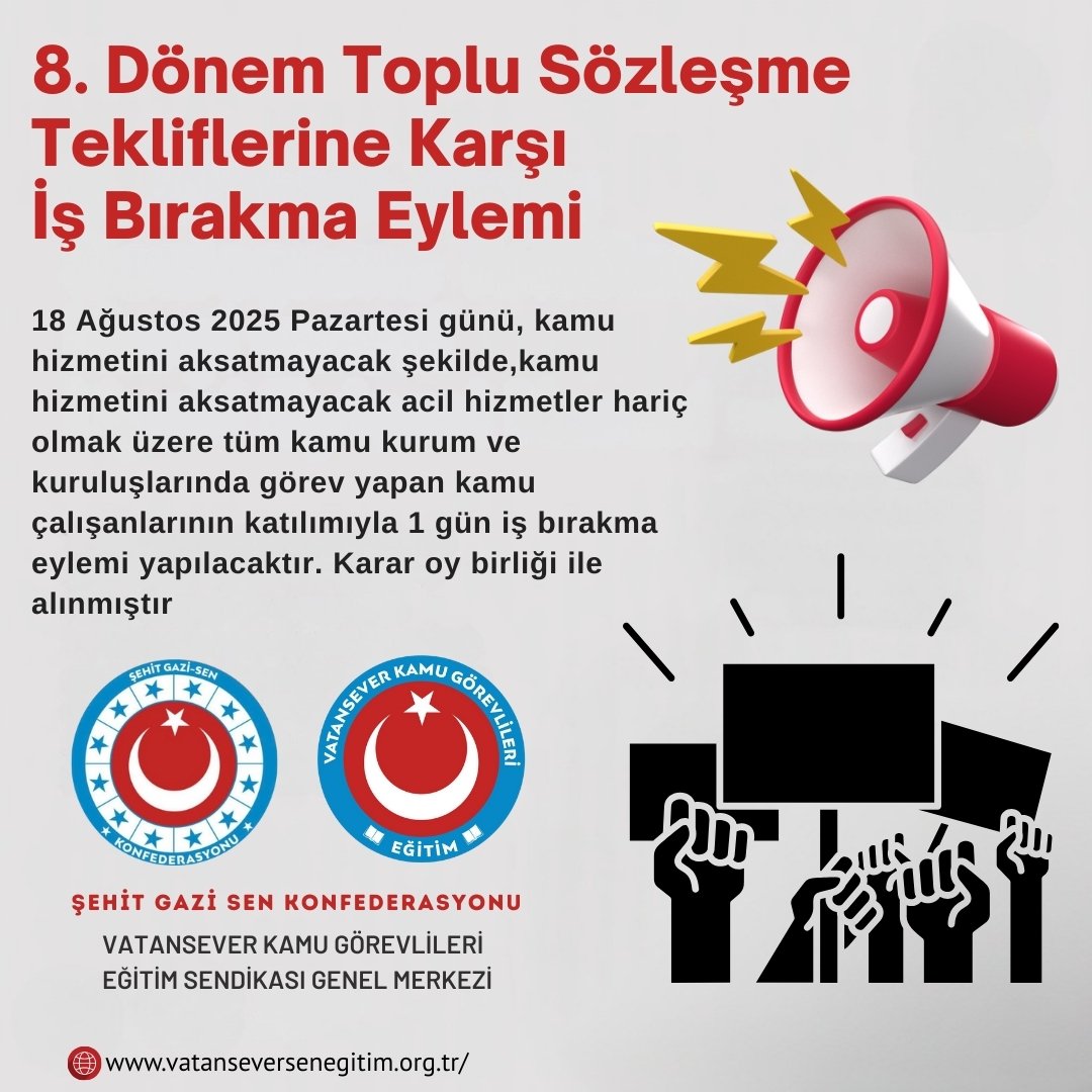 Haklı talepler görmezden gelinemez. Sendikamız, emeğin karşılığını alabilmek için demokratik ve yasal zeminde mücadelesini kararlılıkla sürdürecektir.
(Vatansever Kamu Görevlileri Eğitim Sendikası Genel Merkezi)
#SefaletTeklifineCevabımızGrev