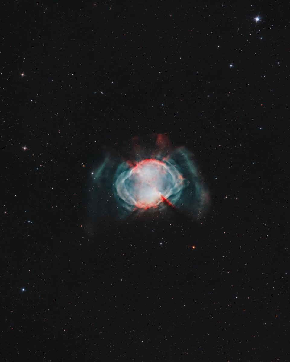 The Dumbbell Nebula 🌌

This is one of the easiest nebulae to see and photograph in the night sky (seriously). It can easily be seen with a modest telescope or even binoculars.

My latest picture of the Dumbbell Nebula was taken using a Newtonian reflector telescope that pairs