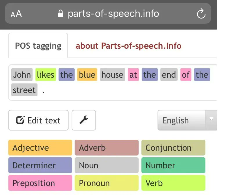 Check out ‘parts-of-speech.info'.  Type in or paste whatever text you wish and it will identify each word class in the sentence for you! A very useful resource.
