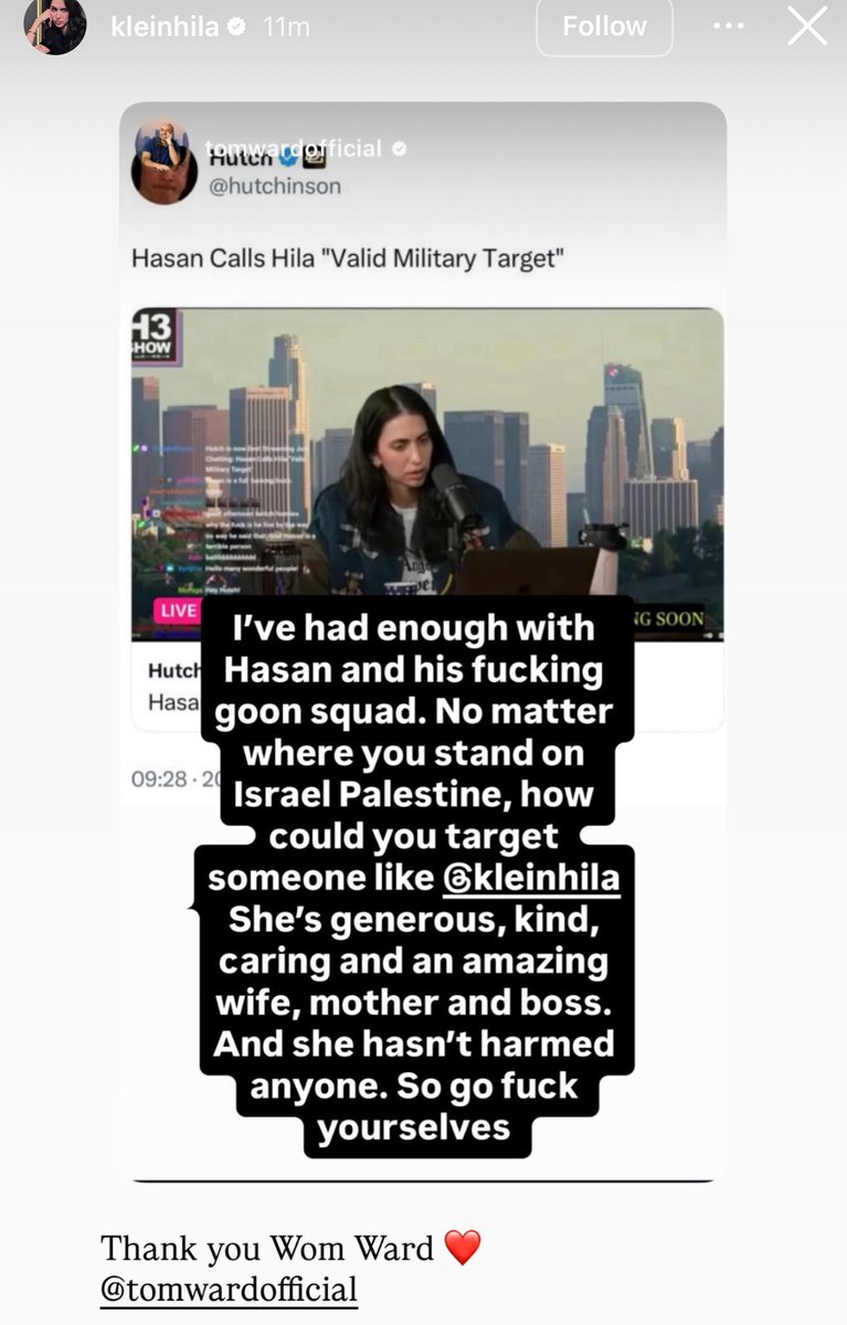 Hila Klein responds to Hasan calling her a valid military target 

“Just another Sunday”

“Hasan Piker, who was exposed by my husband to be a disgusting creep…”