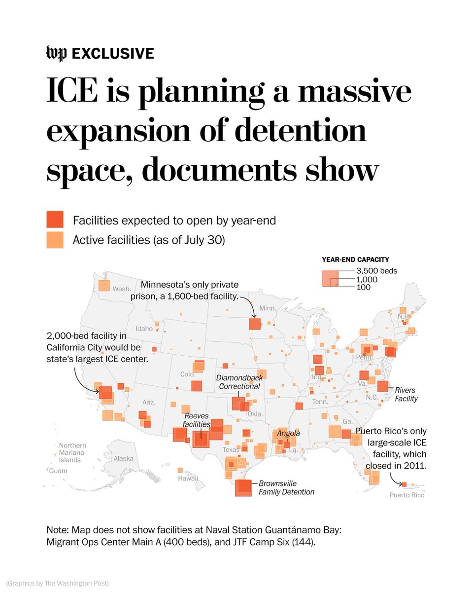 washingtonpost's tweet photo. Exclusive: An internal planning road map obtained by The Post shows the strategy behind ICE’s breakneck expansion, a chaotic effort that has already triggered lawsuits and accusations of cruelty.

The plans show that the Trump administration is embracing mega-detention centers capable of housing at least 1,000 detainees. https://t.co/jTrleyQkT3