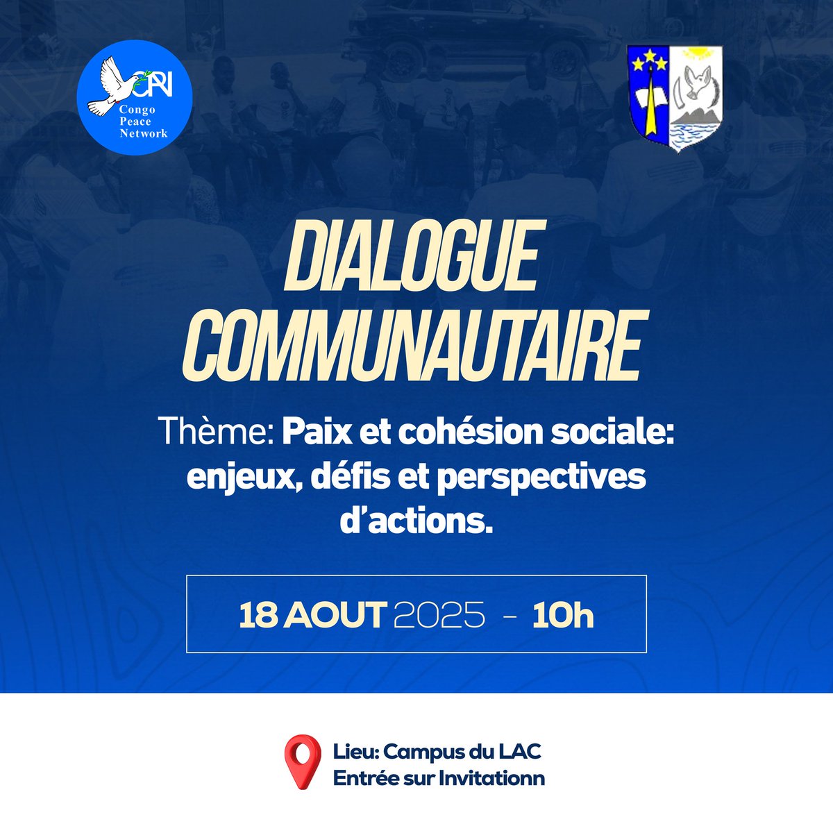 #Goma-Forum Communautaire
Ce 18.08, <a href="/congopeacenet/">Congo Peace Network</a> &amp; l’<a href="/Unigom_RDC/">UNIVERSITE DE GOMA-UNIGOM</a> organisent un dialogue communautaire sur la lutte contre la désinformation et les discours de haine pour bâtir la paix et la #CohésionSociale au #NordKivu

📍Campus du lac à 10h
<a href="/OpenSociety/">Open Society Foundations</a>
#Paix #JeunesseEngagée