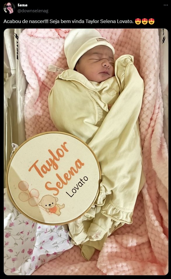Jovem anuncia chegada de sua filha: Taylor Selena Lovato.