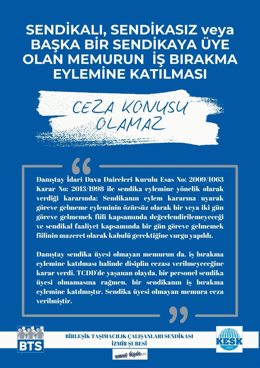 BTSizmirsube's tweet photo. Danıstay 12. Dairesinin kararı ekte olup iş bırakma eylemine katılanlara ceza vereceğiz diyerek TCDD Taşımacılık A Ş Genel Müd. tarafından resmi  yazıp Whatsapp üzerinden çalışanlara tebliğ etmek suçtur @TCDDTasimacilik @BTSGENELMERKE @Keskizmir 
#Sefaletteklifinecevabımızgrev https://t.co/vdqgeHYOTl