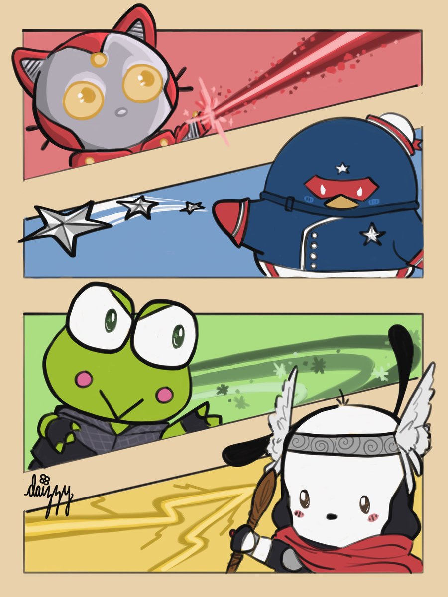 daizzydrawz's tweet image. they’re not what you think, or something like that 

chococat nate, tuxedo sam eli, keroppi teddy, and pochacco billy back at it again