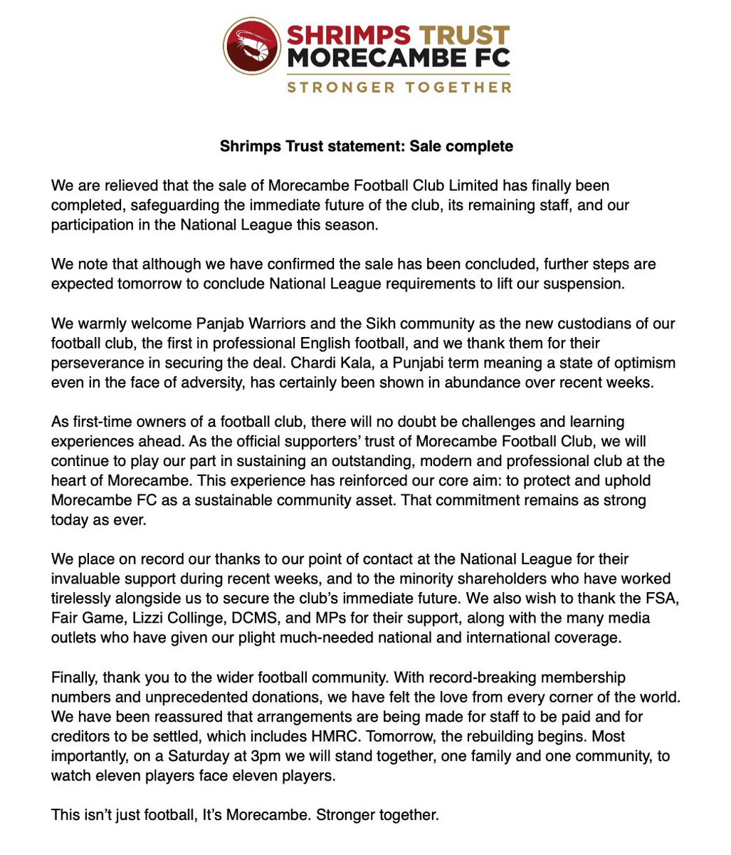 Following news of the sale completing, please see the below update from the Shrimps Trust 🦐