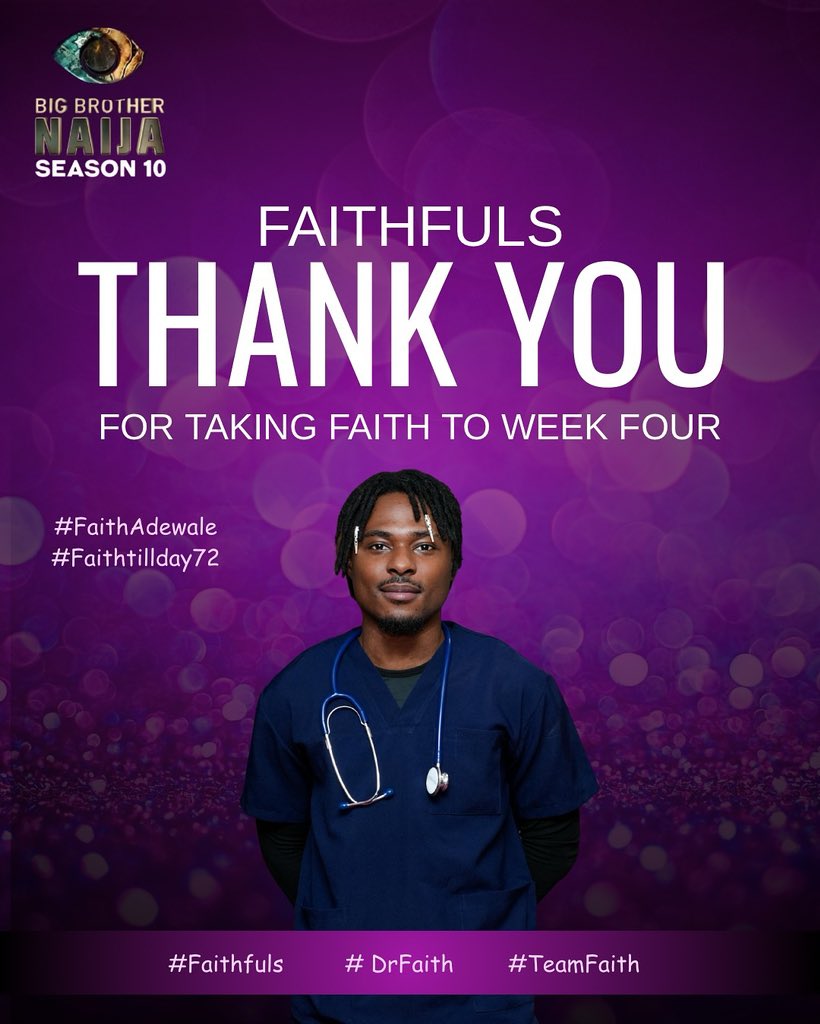 FAITHFULS💜, We did it again🎉🚀.

Our votes counted and Faith made it to week 4👏💃👏👏. It’s time for us to brace up as we get into another phase. There will be challenges on the way, but as FAITHFULS we will overcome together 💜🚀🚀

FAITH KEEPING US GLUED✅💜
#BBNaija
