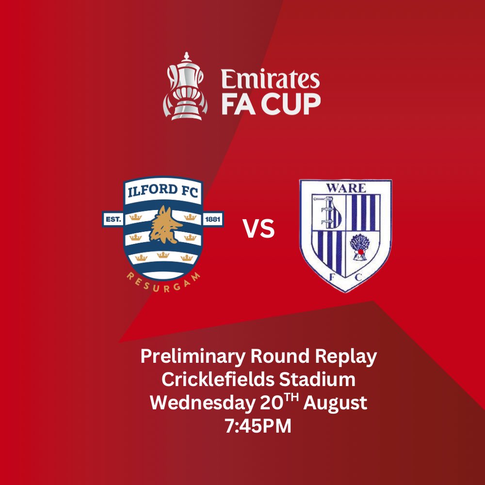 Massive night for the club as we take on <a href="/Ware_FC/">Ware FC</a> in the <a href="/EmiratesFACup/">Emirates FA Cup</a> Reply after being 3 minutes away from the win on Saturday.

Come and support as we look to cause an upset and advance to the furthest stage of the competition in over 15 years.