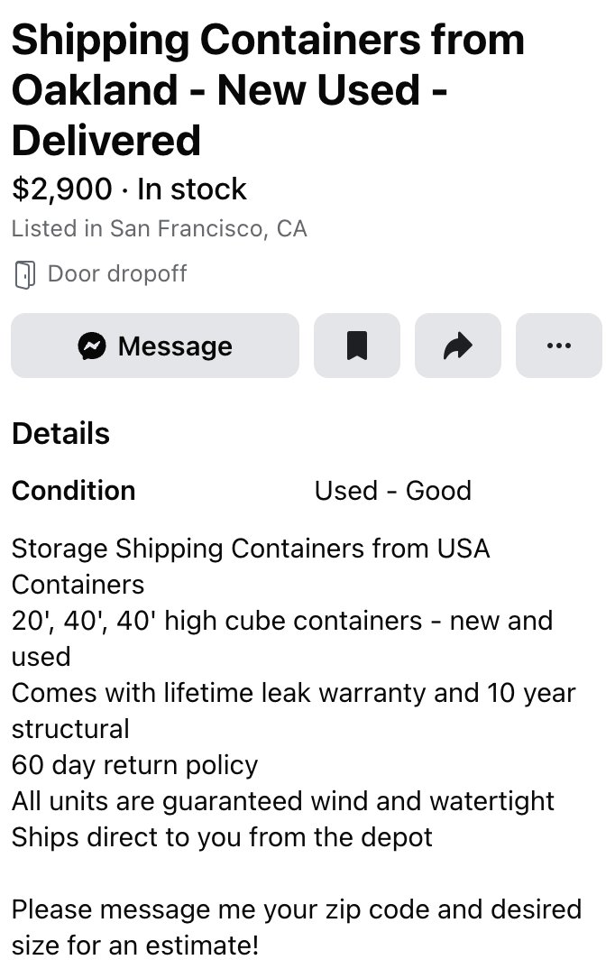 Who's down to buy some shipping containers off Facebook Marketplace?