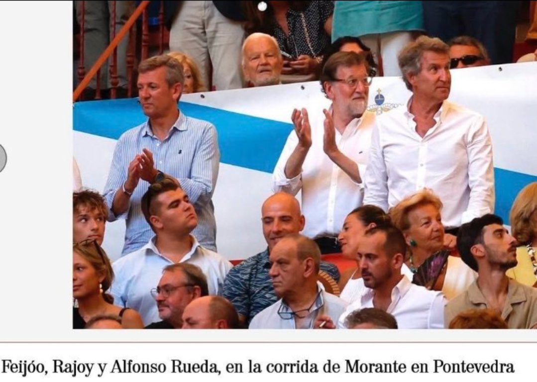 Feijóo pide al Gobierno que mande soldados sin preparación específica en incendios mientras él disfruta de los toros con su amigo Alfonso Rueda y un tal M. Rajoy.
