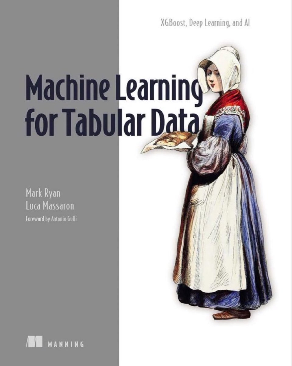 I have this excellent book from <a href="/ManningBooks/">Manning Publications</a> >> #MachineLearning for Tabular Data: XGBoost, Deep Learning, and #AI, by <a href="/MarkRyanMkm/">Mark Ryan</a> &amp; <a href="/lucamassaron/">Luca Massaron</a>

Get it here: amzn.to/41J8WA6

• Master XGBoost
• Apply deep learning to tabular data
• Deploy models locally and in the