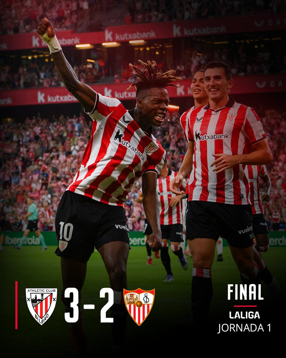 🔚 𝗙𝗜𝗡𝗔𝗟 𝗜 𝗚𝗢𝗢𝗢𝗢𝗢𝗔𝗔𝗔𝗔𝗭𝗘𝗘𝗘𝗘𝗘𝗡 🥳

El Athletic arranca <a href="/LaLiga/">LALIGA</a> con una gran victoria en San Mamés.

🔝 Bikain, talde!

#AthleticSevilla #AthleticClub 🦁