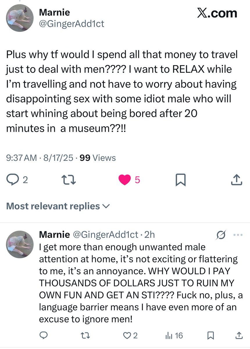 For every one woman who travels to have sex with random men, there are about 1000 women who feel like this instead: