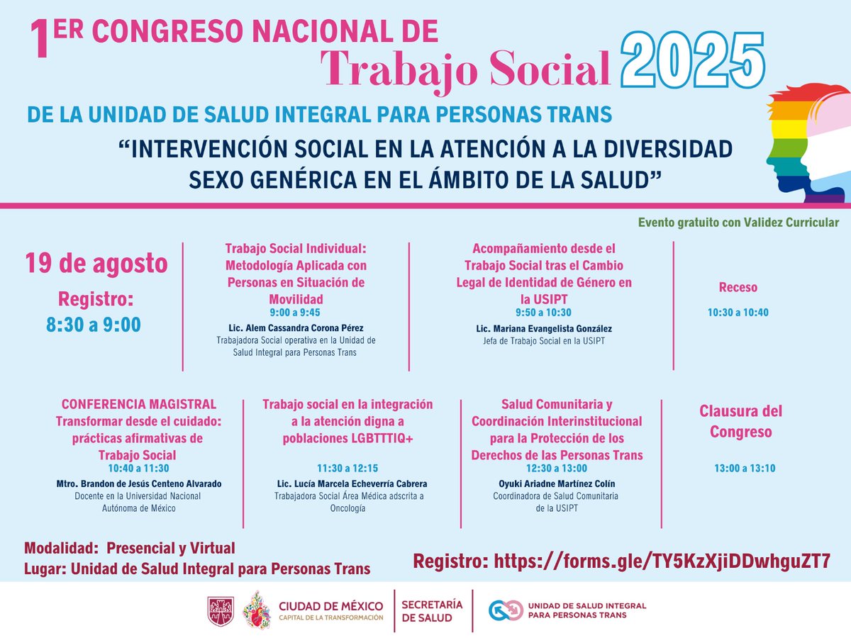 SSaludCdMx's tweet photo. 📢Se realizará el 1er. Congreso Nacional de Trabajo Social de la Unidad de Salud Integral para Personas Trans #USIPT. 🏳️⚧️💙
📅 Fechas: 18 y 19 de Agosto 2025
⏰ Horario: De 9 a 13 horas
📍 Modalidad: Híbrida