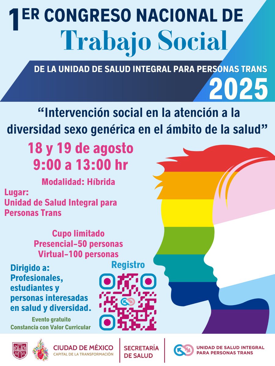 SSaludCdMx's tweet photo. 📢Se realizará el 1er. Congreso Nacional de Trabajo Social de la Unidad de Salud Integral para Personas Trans #USIPT. 🏳️⚧️💙
📅 Fechas: 18 y 19 de Agosto 2025
⏰ Horario: De 9 a 13 horas
📍 Modalidad: Híbrida