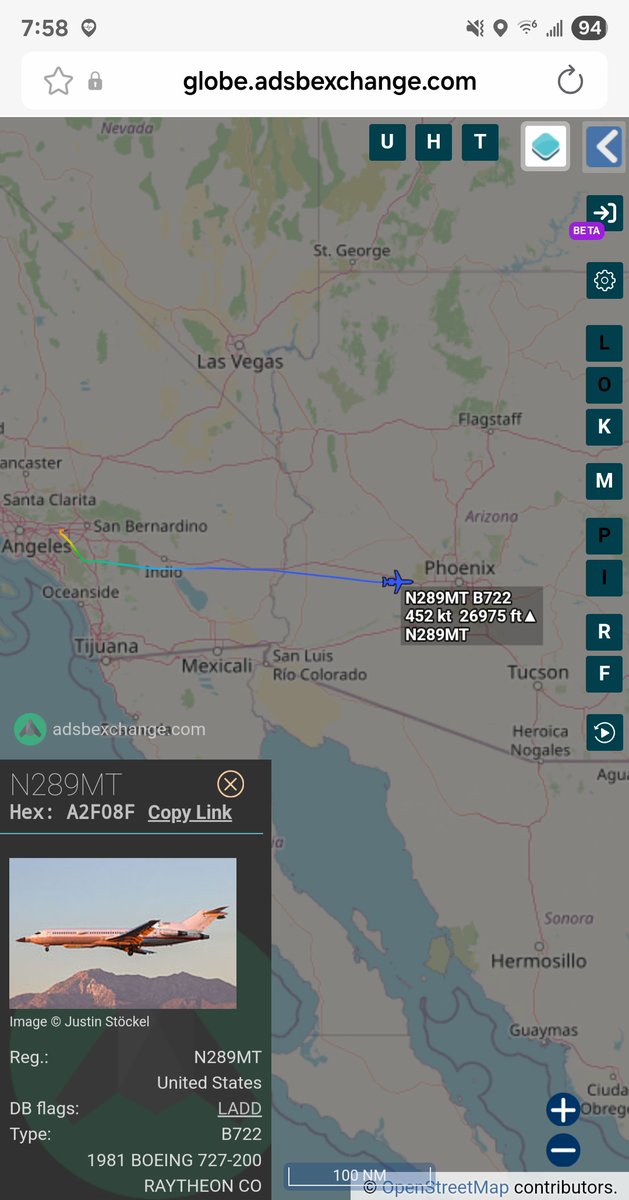 Borrowed7Time's tweet photo. Raytheon Corp B727-223 testbed N289MT #A2F08F as VOODOO1 en route from Ontario (KONT) to an undetermined destination.
@EchoCharlieCR @SR_Planespotter @sipjack1776 @toystark6886 @norb420 @tillykium https://t.co/HJLohlVIi8
