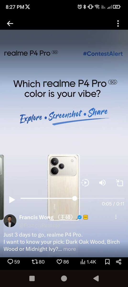 krishna262029's tweet photo. @FrancisRealme 🌟Wowww😍!
The Birch Wood shade 🔥 🔥 totally matches my vibe 🤍🌿, simple yet classy ✨📱. Feels like carrying a piece of nature in my hands🌳💫. Thank you realme for such an amazing contest 🙏💛
@FrancisRealme 
#realmeP4Pro #PowerToExplore

Here is my screenshot ❤️✨🔥 https://t.co/8M9HeHIRju
