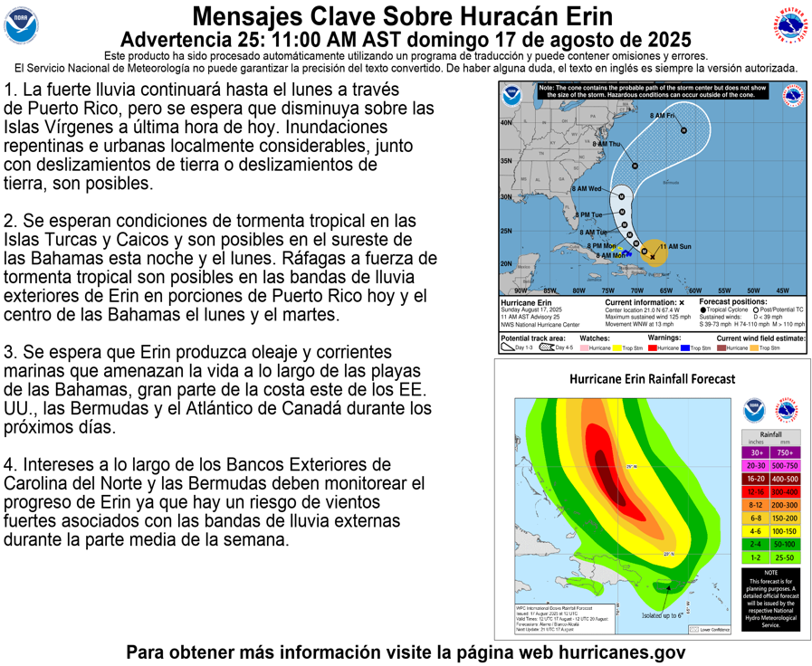 Aug 17 11AM AST: Outer rainbands of #Erin still producing heavy rains and gusty winds across PR and Virgin Islands. Interests elsewhere in the central Bahamas, the NC Outer Banks, and Bermuda should monitor the progress of Erin. Visit hurricanes.gov for the latest