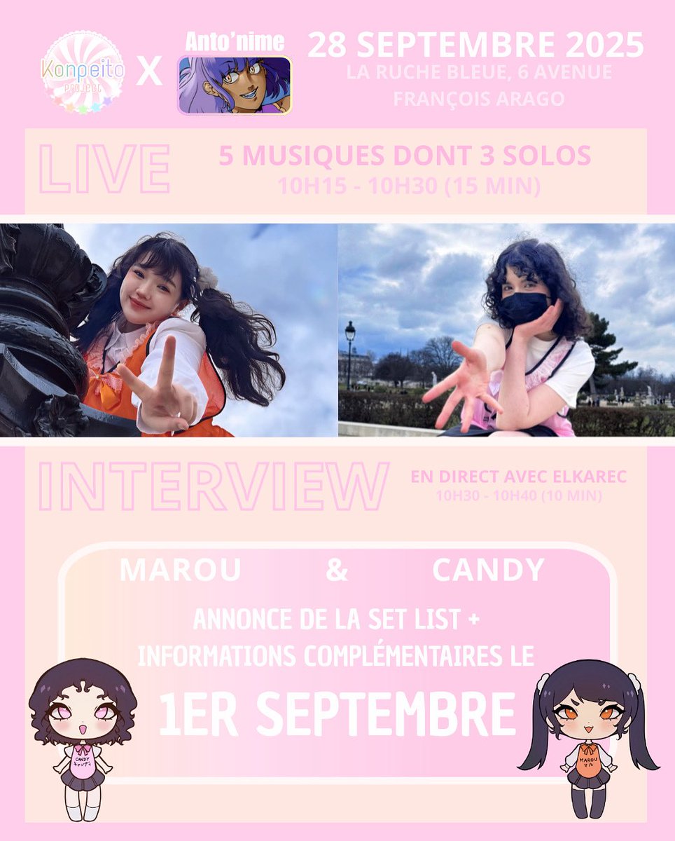 Marou et Candy sont très heureuses de participer à <a href="/antonime_conv/">Convention Antonime</a> !

Nous chanterons et danserons sur 5 chansons de J-Pop, Chika Idol et Anime lors de notre live ～

📍LA RUCHE BLEUE, 6 AVENUE FRANÇOIS ARAGO, LE 28 SEPTEMBRE 2025