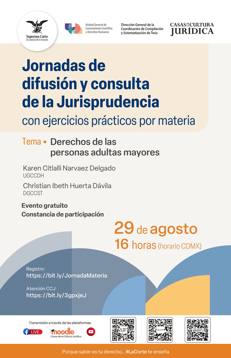 SCJN's tweet photo. 🤝 Conoce cómo la justicia protege a las personas adultas mayores y garantiza el ejercicio pleno de sus derechos. Súmate a las jornadas de difusión y consulta de la jurisprudencia, con ejercicios prácticos por materia.

📌 Tema: Derechos de las personas adultas mayores
 🗓️ 29 de agosto
 🕓 16 h

Registro: https://t.co/kpqK4e4Bhu