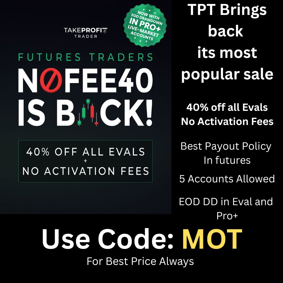 🤩 <a href="/TakeProfitLLC/">TakeProfitTrader</a> 's 40% off and no activation fee is back IS EVEN BETTER! Now get 100% initial eval fees refunded on first payout!!  Withdraw funds from DAY ONE of your Pro account.

bit.ly/tptmot Code: MOT

#futurestrading #daytrading #propfirm #propfirms #futures