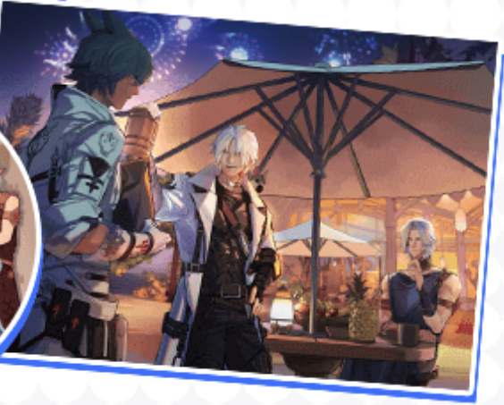 New official art for FFXIV Dawntrail on the CN server with Thancred, Urianger, and Koana having a drink in Tuliyollal! 🧉🍹