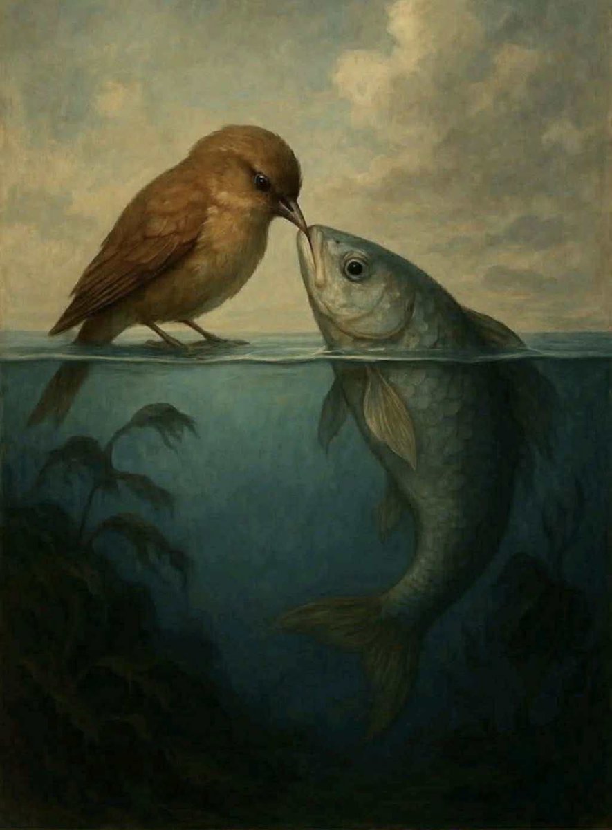 قد يُغرم العصفور بسمكة...
لكن الكارثة ليست في الحب،
بل في السؤال القاتل:
أين يسكنان؟
في حضن الماء، أم تحت جناح السماء؟

هكذا تُولد مآسي العاشقين...
حين يخفق القلب لما لا يُطال،
فتنتهي الحكاية دوماً
بطيرانٍ يائس،
أو غرقٍ صامت في بحر الأحزان.

فإما أن يُحلّق أحدهم ويترك الآخر..