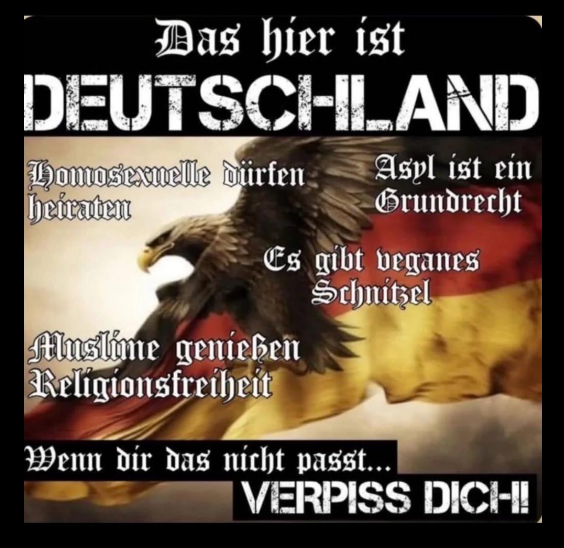 DAS hier ist DEUTSCHLAND 🇩🇪 Verpiss dich , wenn es dir nicht gefällt 🇩🇪💙💙 
Like ist Zustimmung !