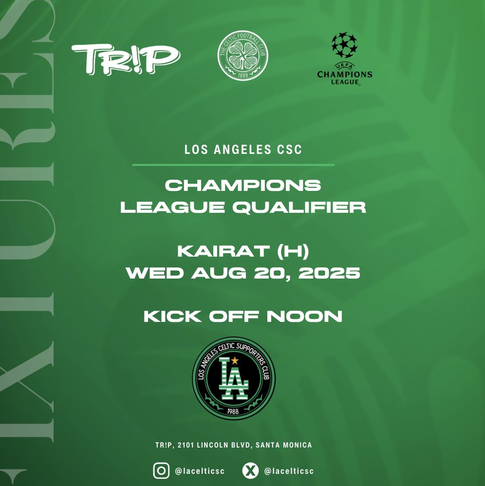 Midday, Midweek, Champions League qualifier live with the LA CSC. Head over to TR!P in Santa Monica and join us for the first leg of the CL qualifier vs Kairat. 
Non-members welcome and f*ck knows if we still have Tennent's on tap.