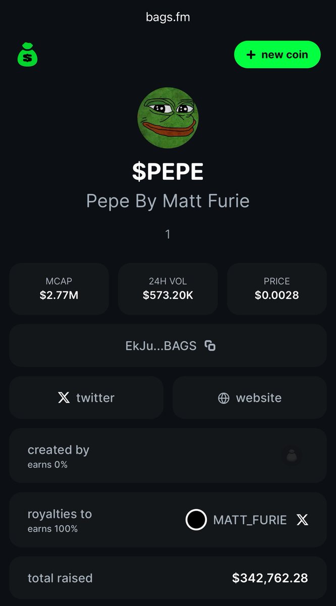 .@matt_furie is already sitting on 342k+ usd unclaimed from pepe on <a href="/BagsApp/">BAGS</a>.

that’s 1% of trading volume flowing straight to the artist. if this scales, he could be making millions every single week.

full thread below. follow for more.