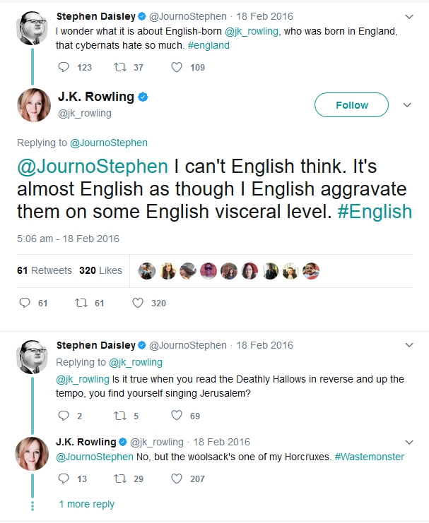 Personified in two pictures (from Dec 2015 and Feb 2016): The pro-UK Government MSM in Scotland's relationship with the anti-Scottish independence author JK Rowling.
