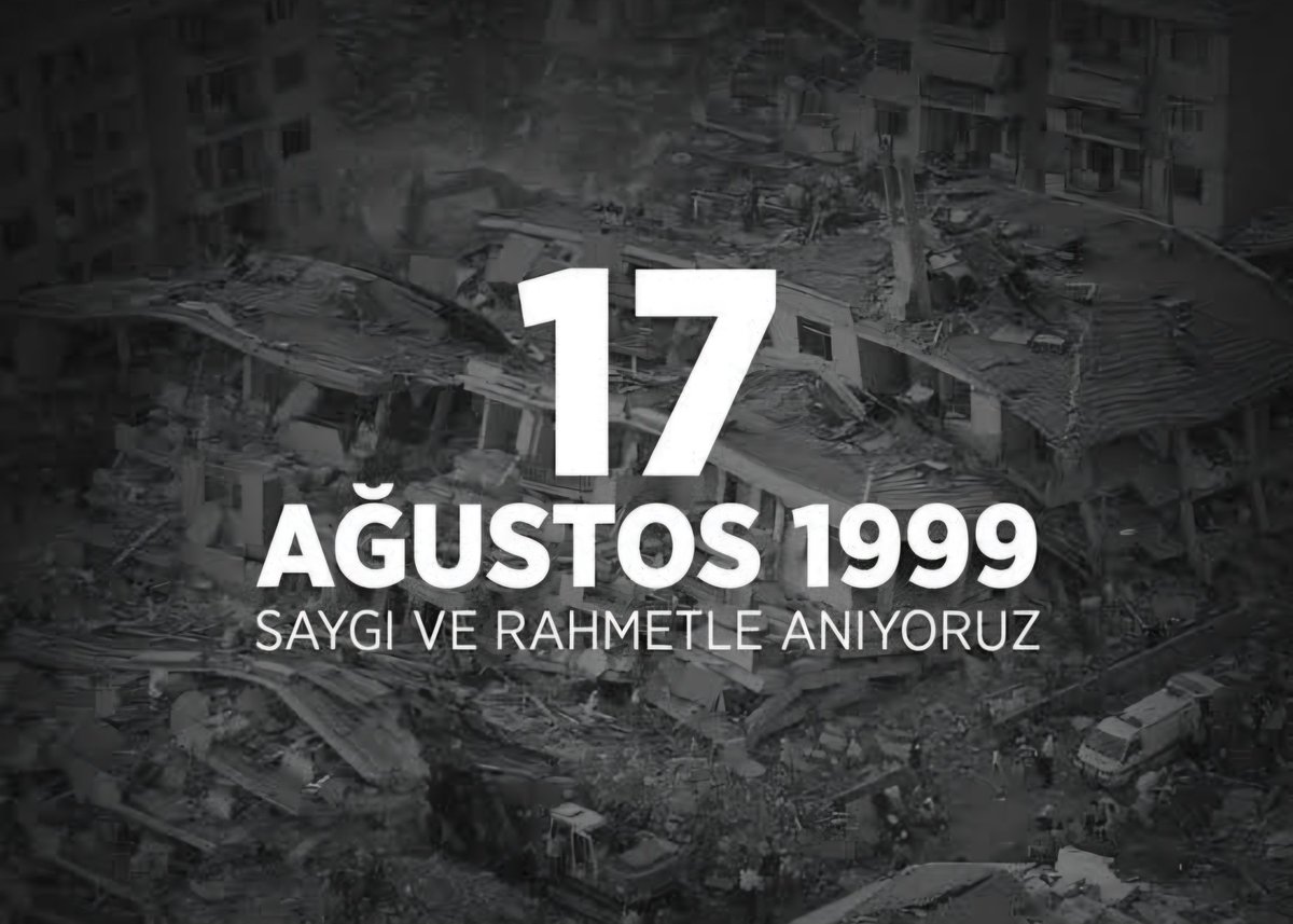 #17Ağustos1999 Marmara depreminde ve diğer tüm depremlerde hayatını kaybeden tüm vatandaşlarımızı saygı ve rahmetle anıyorum.
Resmi makamlara göre;
Can kaybı: 18.373 kişi 
Yaralı: 48.901
Kayıp: 5.840
#Deprem öldürmez; açgözlülük, fırsatçılık, hırsızlık öldürür.