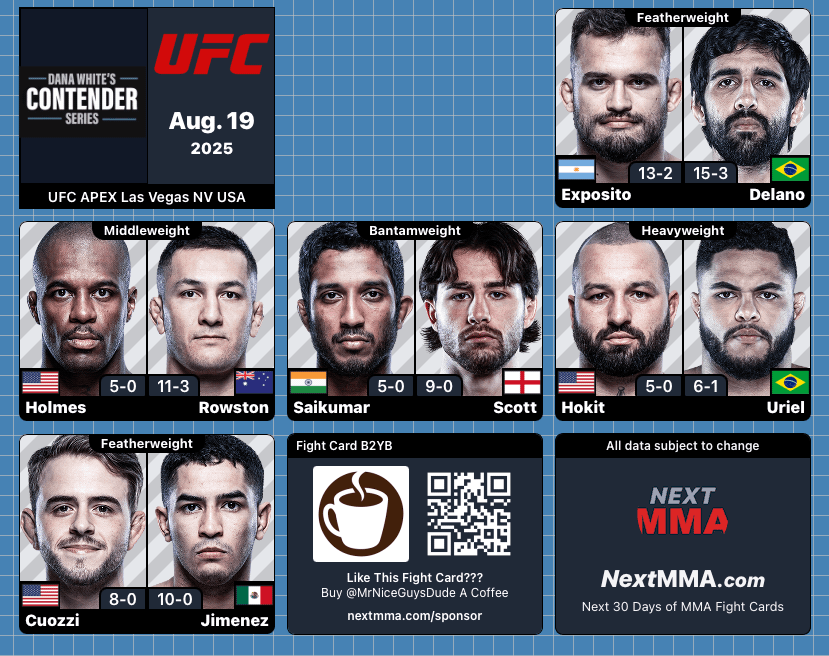 #DWCS w2 | #MMA #mmatwitter
<a href="/ufc/">UFC</a> at #UFCApex Fight Card
B2YB: <a href="/NextMMAcom/">NextMMA.com</a>