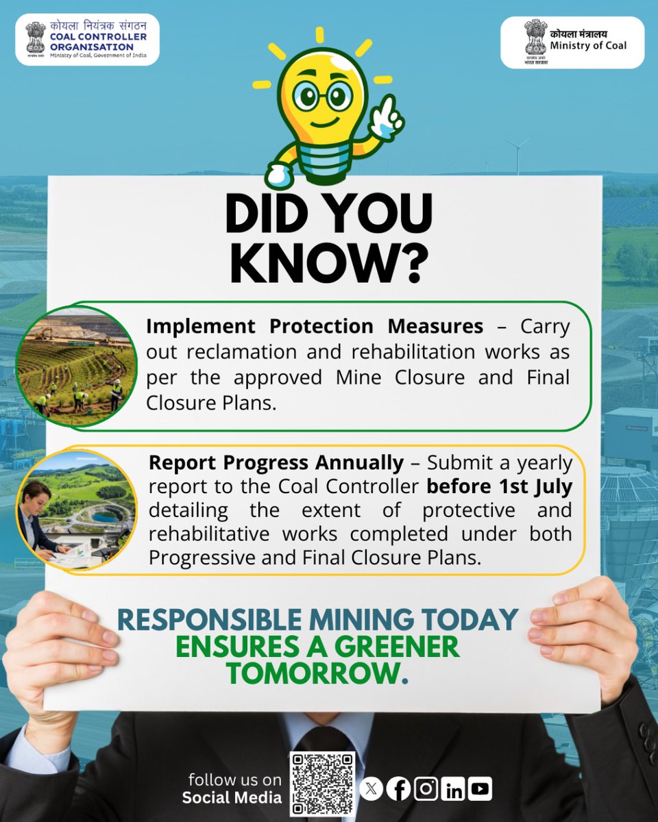CCO_MoC's tweet image. Responsible mining is not just about extraction but it’s about restoration. Mine owners must protect, reclaim, and report, ensuring every mine’s closure leaves behind a safer and greener land for the future
#MOC #MineSafety #ResponsibleMining #CoalForNation #SustainableFuture