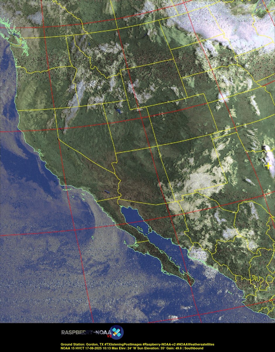 KB5ZUR's tweet image. Ground Station: Gordon, TX #TXlisteningPostImages #Raspberry-NOAA-v2 #NOAAWeathersatellites NOAA 15 17-08-2025 09:52 Max Elev: 24° W Sun Elevation: 35° Gain: 49.6 | Southbound