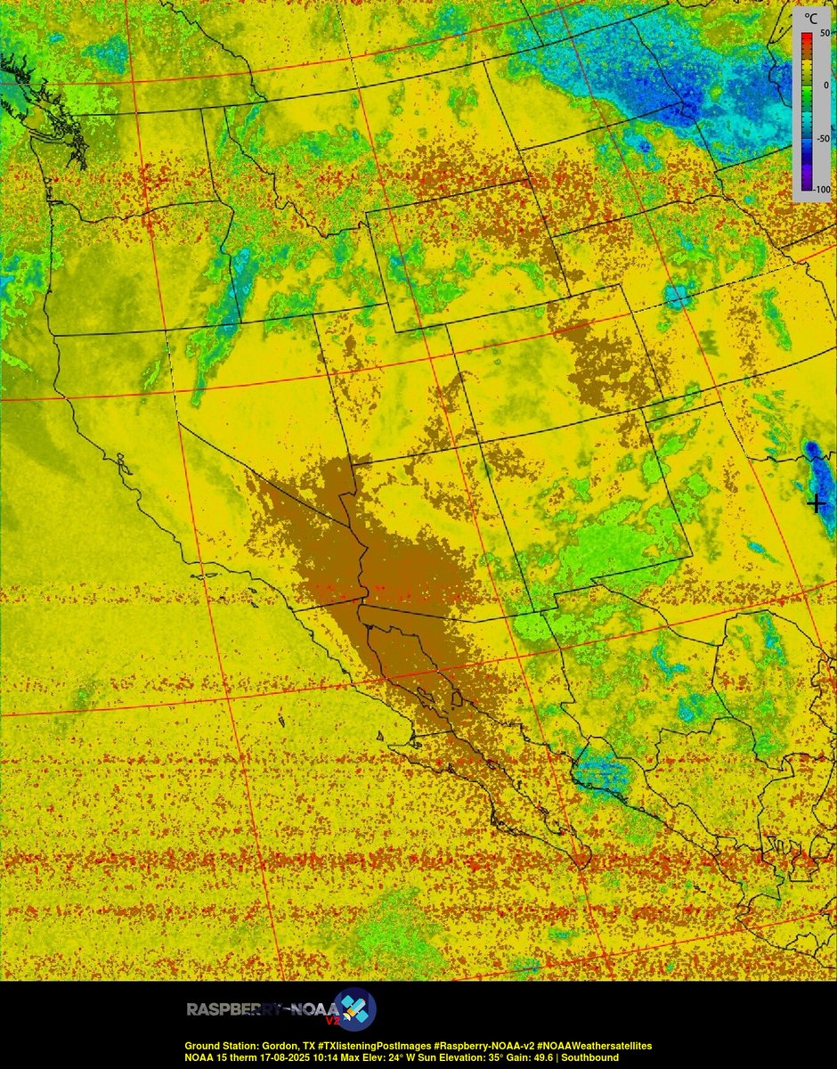 KB5ZUR's tweet image. Ground Station: Gordon, TX #TXlisteningPostImages #Raspberry-NOAA-v2 #NOAAWeathersatellites NOAA 15 17-08-2025 09:52 Max Elev: 24° W Sun Elevation: 35° Gain: 49.6 | Southbound