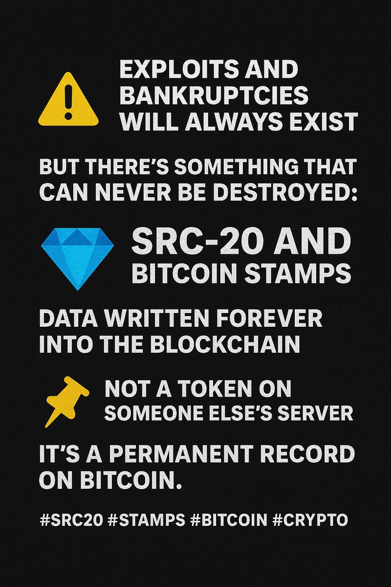 wi696on's tweet image. 🚨 Exploits &amp;amp; bankruptcies will always exist.
But some things can’t be destroyed:
💎 SRC-20 &amp;amp; Bitcoin Stamps — data forever on Bitcoin.
📌 Not on a server, but a permanent record.

In a world where all can be taken -eternity is the most valuable currency
#SRC20 #Stamps #Bitcoin