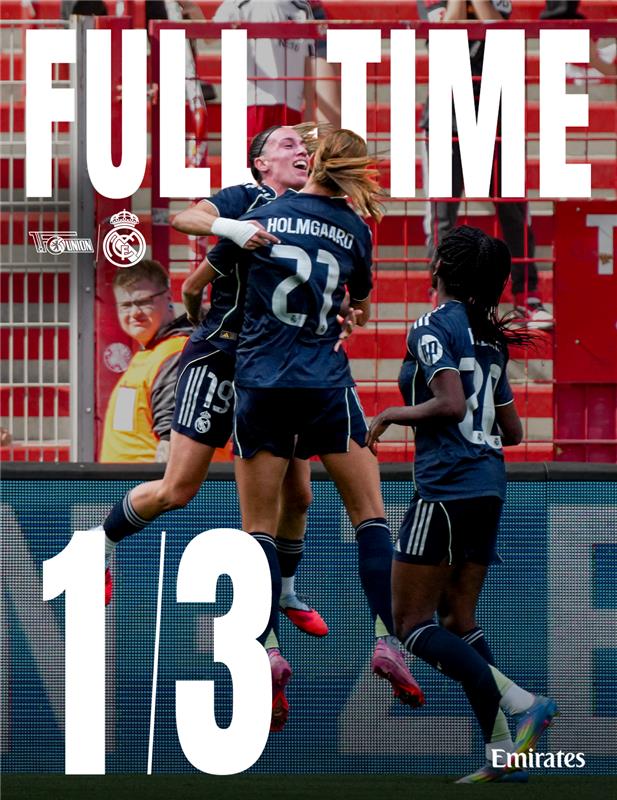 Real Madrid C.F. (@realmadridfem) on Twitter photo 🏁 @FCUnion 1-3 @RealMadridFem
⚽ 11' <a href="/evaaanavarro/">Eva Navarro</a>
⚽ 43' <a href="/signebruun20/">Signe Kallesøe Bruun</a>
⚽ 48' <a href="/signebruun20/">Signe Kallesøe Bruun</a>
⚽ 50' Dina Orschmann
@Emirates 🏁 @FCUnion 1-3 @RealMadridFem
⚽ 11' <a href="/evaaanavarro/">Eva Navarro</a>
⚽ 43' <a href="/signebruun20/">Signe Kallesøe Bruun</a>
⚽ 48' <a href="/signebruun20/">Signe Kallesøe Bruun</a>
⚽ 50' Dina Orschmann
@Emirates