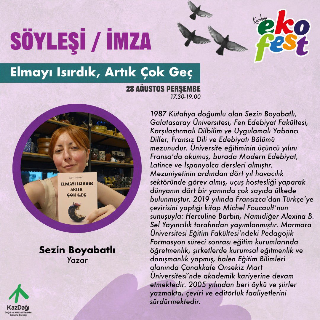 KazdagiKDernegi's tweet photo. Kazdağı Ekofest2025’de edebiyat etkinliklerimiz var.
İki yazarımız, Sezin Boyabatlı ve Ulusal Özdemir, kitaplarını imzalayacak.
“Edebiyatımızda Doğa, Doğa Mücadelesinde Edebiyat” ı konuşacağız.
Ayrıca şiir atölyemiz var.
https://t.co/UbvcWh3xfi…
#ekofest
#KazdağıKoruma https://t.co/IYMtmK4rxg
