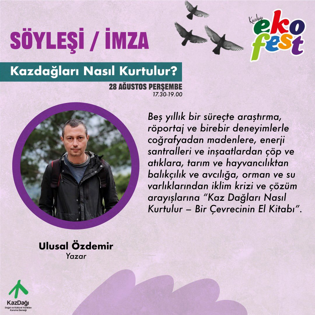 KazdagiKDernegi's tweet photo. Kazdağı Ekofest2025’de edebiyat etkinliklerimiz var.
İki yazarımız, Sezin Boyabatlı ve Ulusal Özdemir, kitaplarını imzalayacak.
“Edebiyatımızda Doğa, Doğa Mücadelesinde Edebiyat” ı konuşacağız.
Ayrıca şiir atölyemiz var.
https://t.co/UbvcWh3xfi…
#ekofest
#KazdağıKoruma https://t.co/IYMtmK4rxg