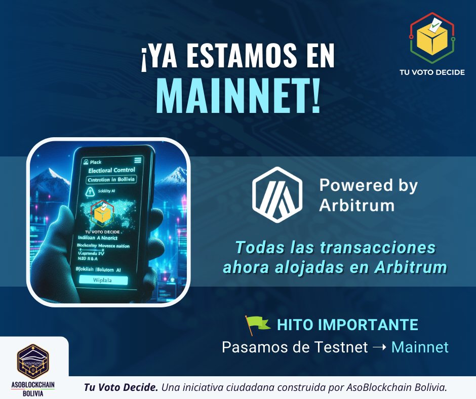 🚀 ¡Hito alcanzado!
 Tu Voto Decide ya está en MAINNET ✅

👉 Todas las transacciones ahora se alojan en <a href="/arbitrum/">Arbitrum</a>, garantizando mayor seguridad, transparencia y escalabilidad 🌐✨

#TuVotoDecide #Arbitrum #Blockchain <a href="/asoblockchainbo/">AsoBlockchain Bolivia | Building Tu Voto Decide</a> <a href="/arbitrum_esp/">Arbitrum Español</a> <a href="/arbitrum_latam/">Arbitrum LATAM (💙,🧡)</a>