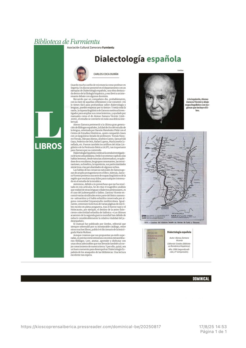 Biblioteca de Furmientu. #Dialectología #española, de Alonso Zamora Vicente. Reseña de Carlos Coca. Publicado hoy en la <a href="/opiniondezamora/">LA OPINIÓN DE ZAMORA</a>.