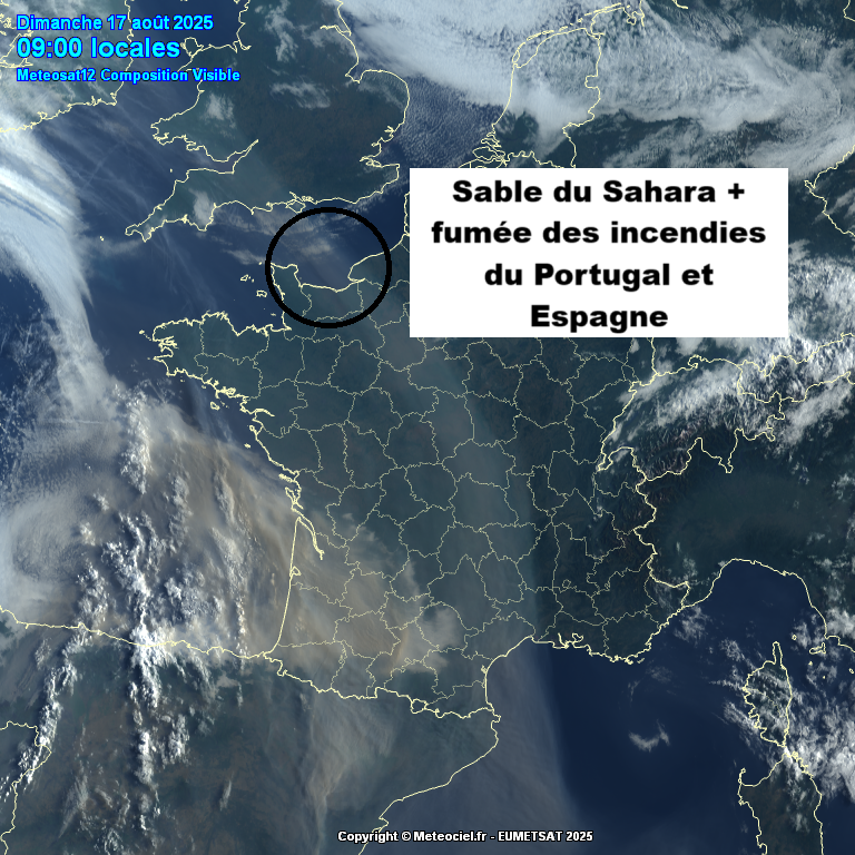 Vous trouvez que le ciel était plus blanc que bleu ce dimanche sur la pointe du Pays de Caux ? C'est en fait lié au sable du Sahara (faible quantité) et à la fumée provenant des incendies du Portugal et de l'Espagne.