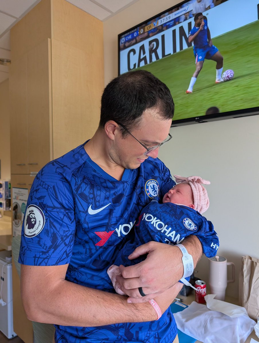 sarbearrr12's tweet photo. not sure who daddy likes watching more… the @ChelseaFC blues or baby girl reese born yesterday! @premierleague  #MyPLMorning https://t.co/yO8apmQ8WW
